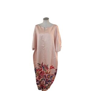 STYLEWE Pink Floral Satin Kaftan Maxi Dress Balloon Sleeve V-Neck Size L NEW